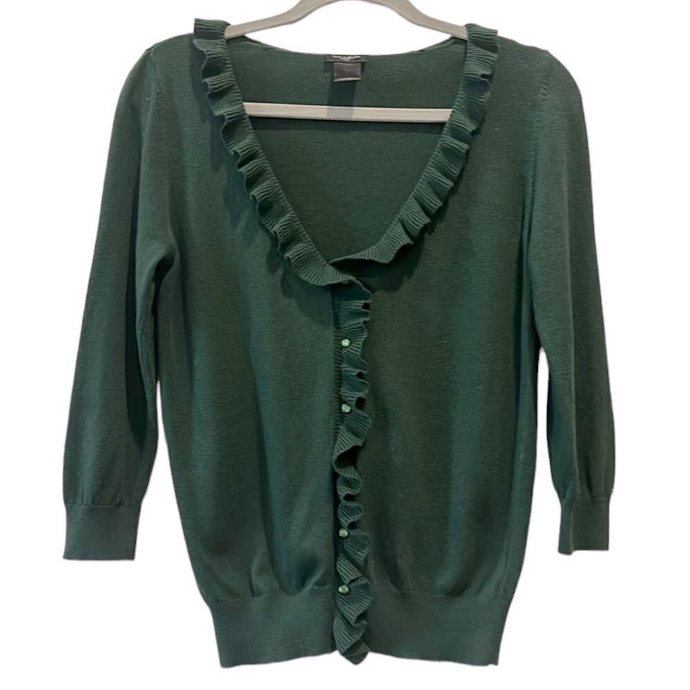 Ann Taylor Forest Green Ruffle Vneck Cardigan Preppy Casual Career Small